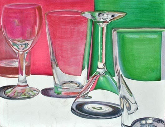Still-life painting of colorful glassware and a record