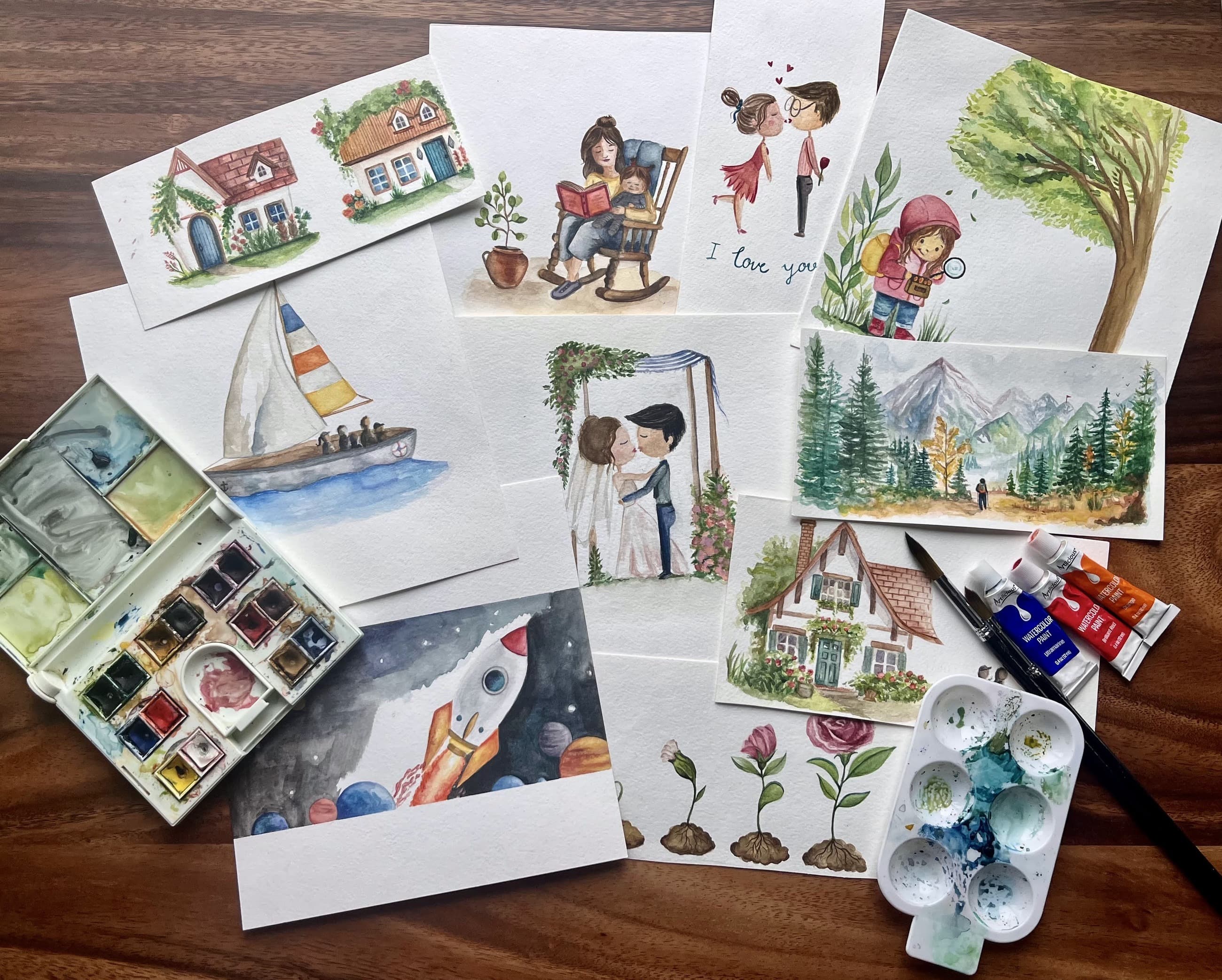 Watercolor storybook illustrations and travel sketches