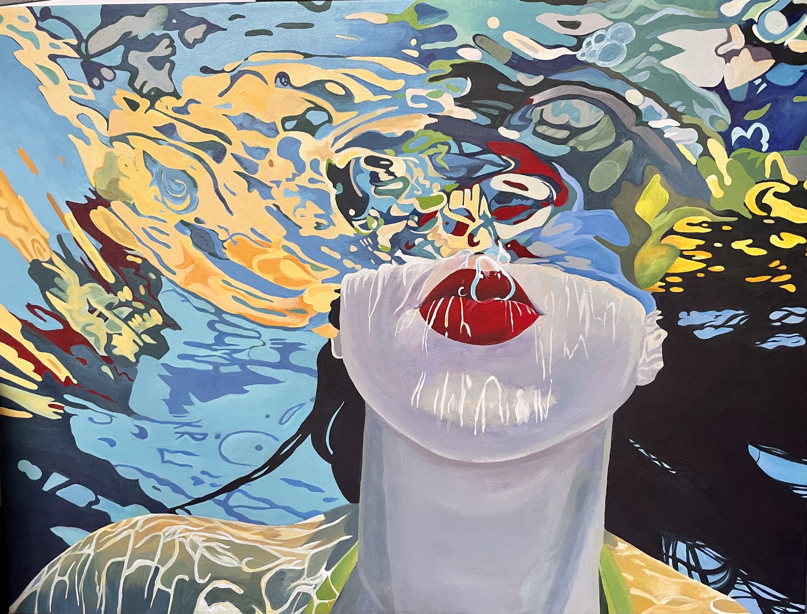 Vibrant painting of a figure floating underwater