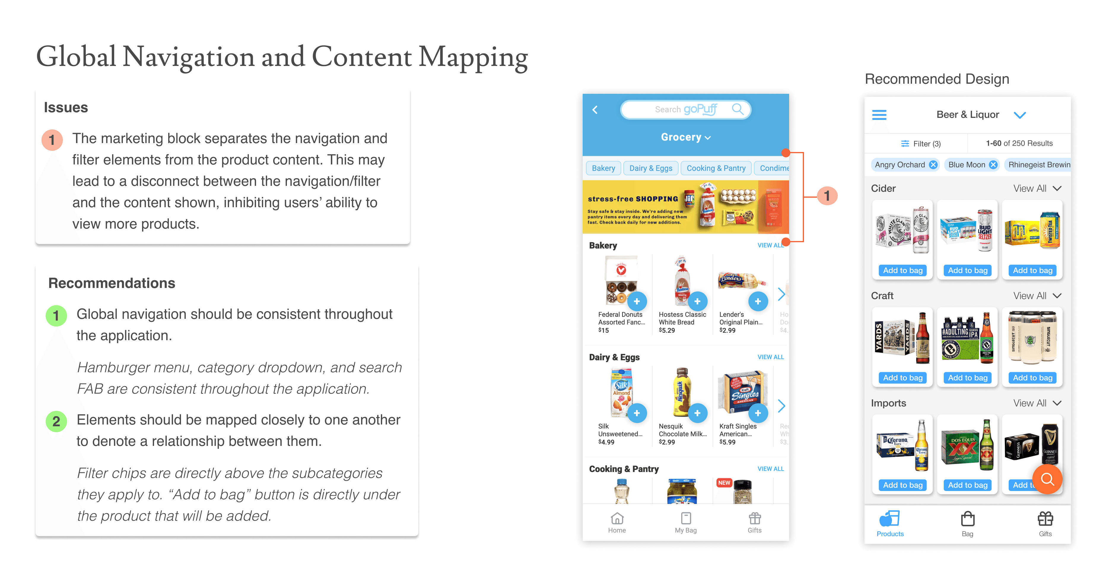 Global Navigation and Content Mapping slide showing a marketing banner separating filter chips from the product grid, next to a recommended design mapping filters directly above their matching products