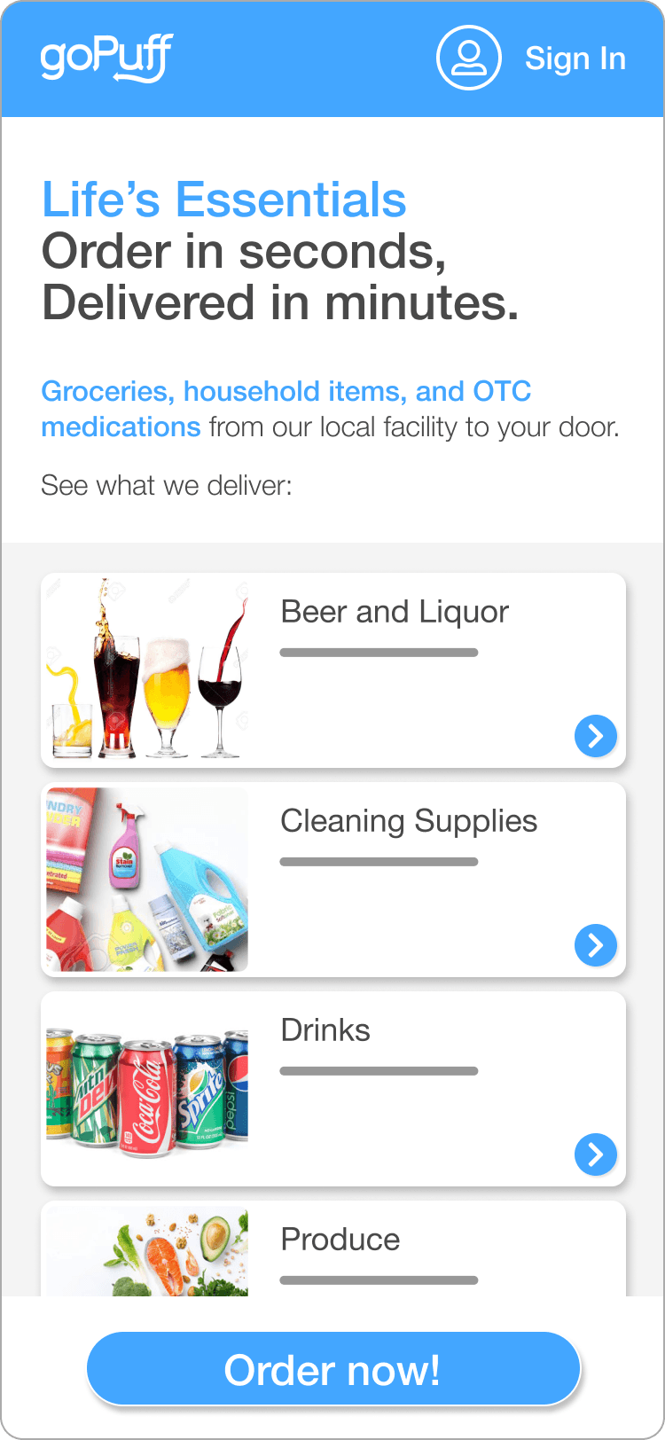 Wireframe of the redesigned home screen showing product categories immediately below the hero, with no address entry required