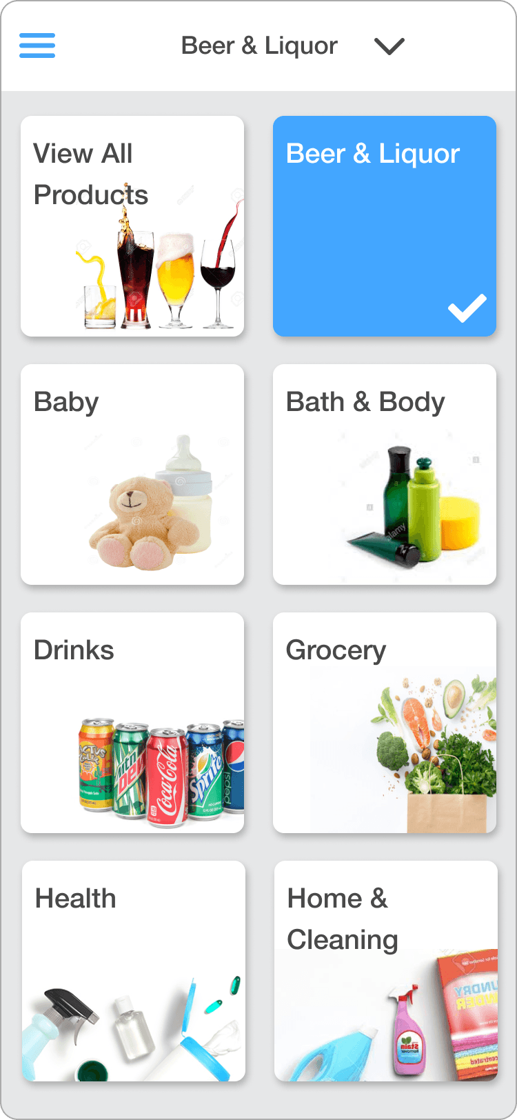 Wireframe of the category selection screen using a single accent color to highlight the selected category instead of a different background color per category