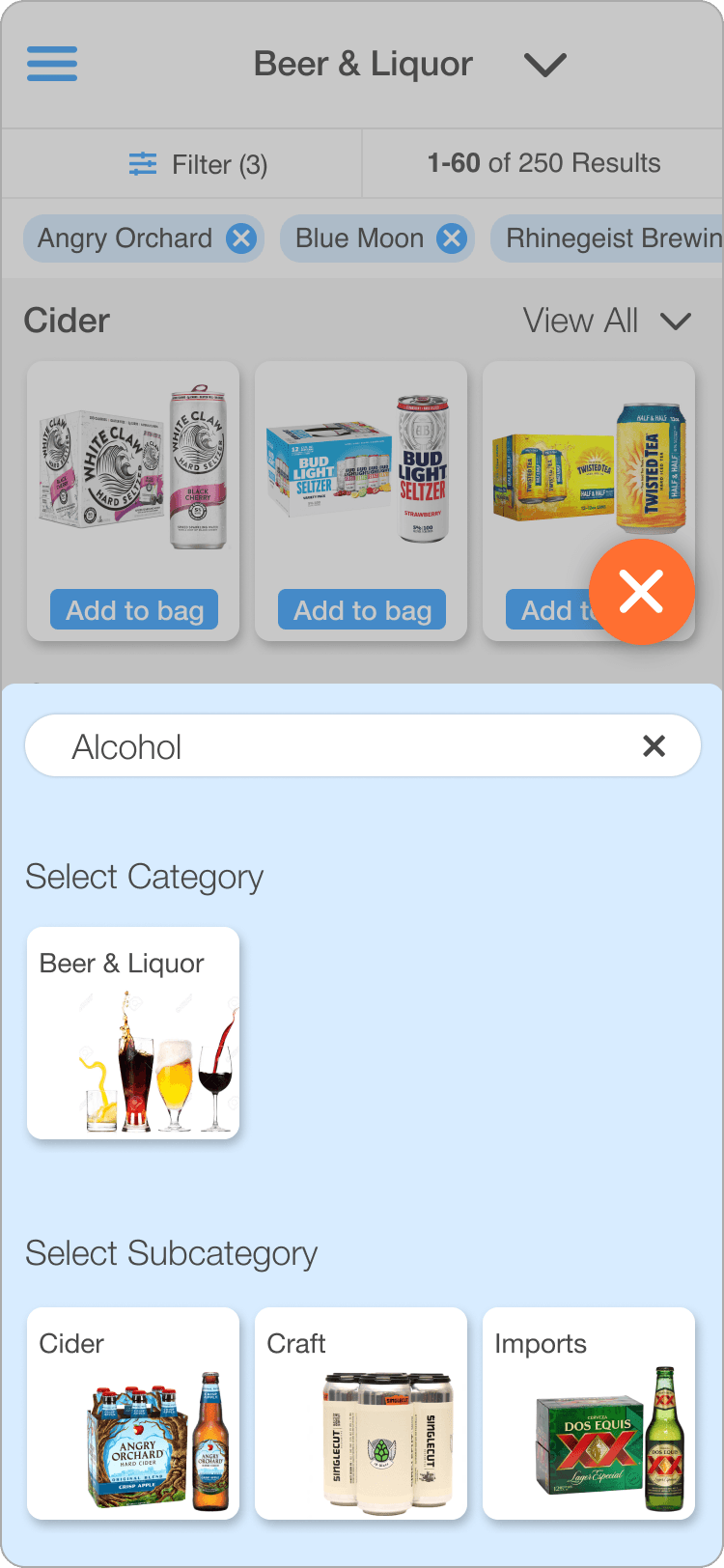 Wireframe of a search overlay for selecting a category and subcategory directly by name