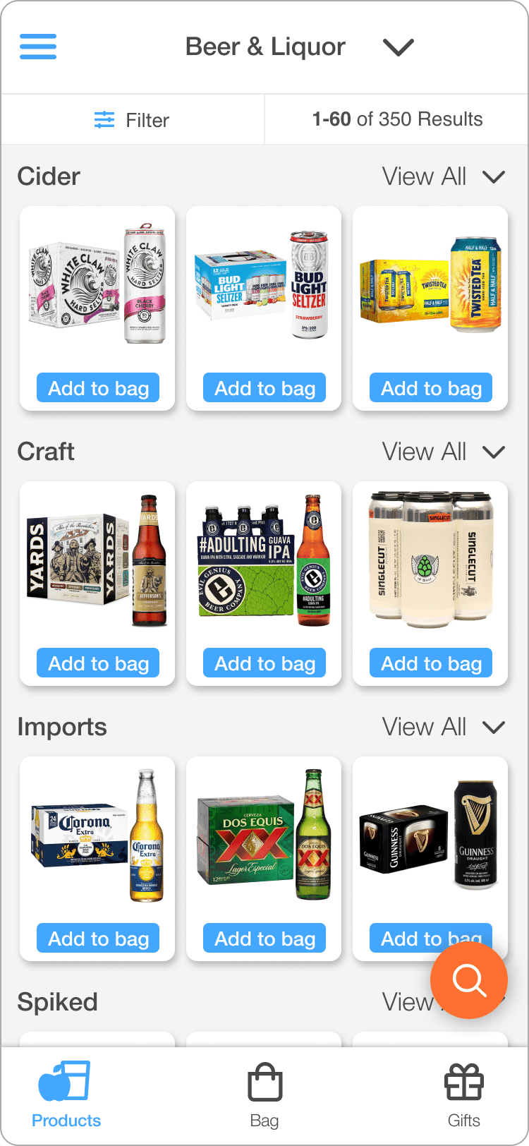 Wireframe of the Beer & Liquor product grid organized into Cider, Craft, and Imports sections with consistent Add to bag buttons