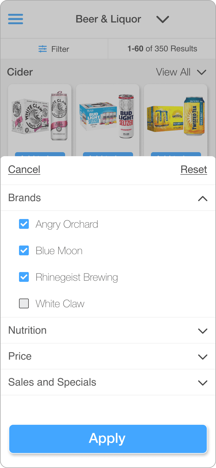 Wireframe of the filter drawer with a Brands checklist and a persistent Apply button