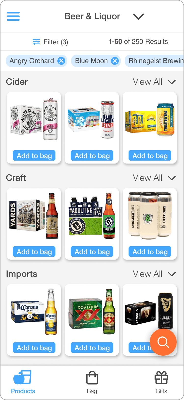 Wireframe of the product grid with active filter chips displayed directly above the filtered results