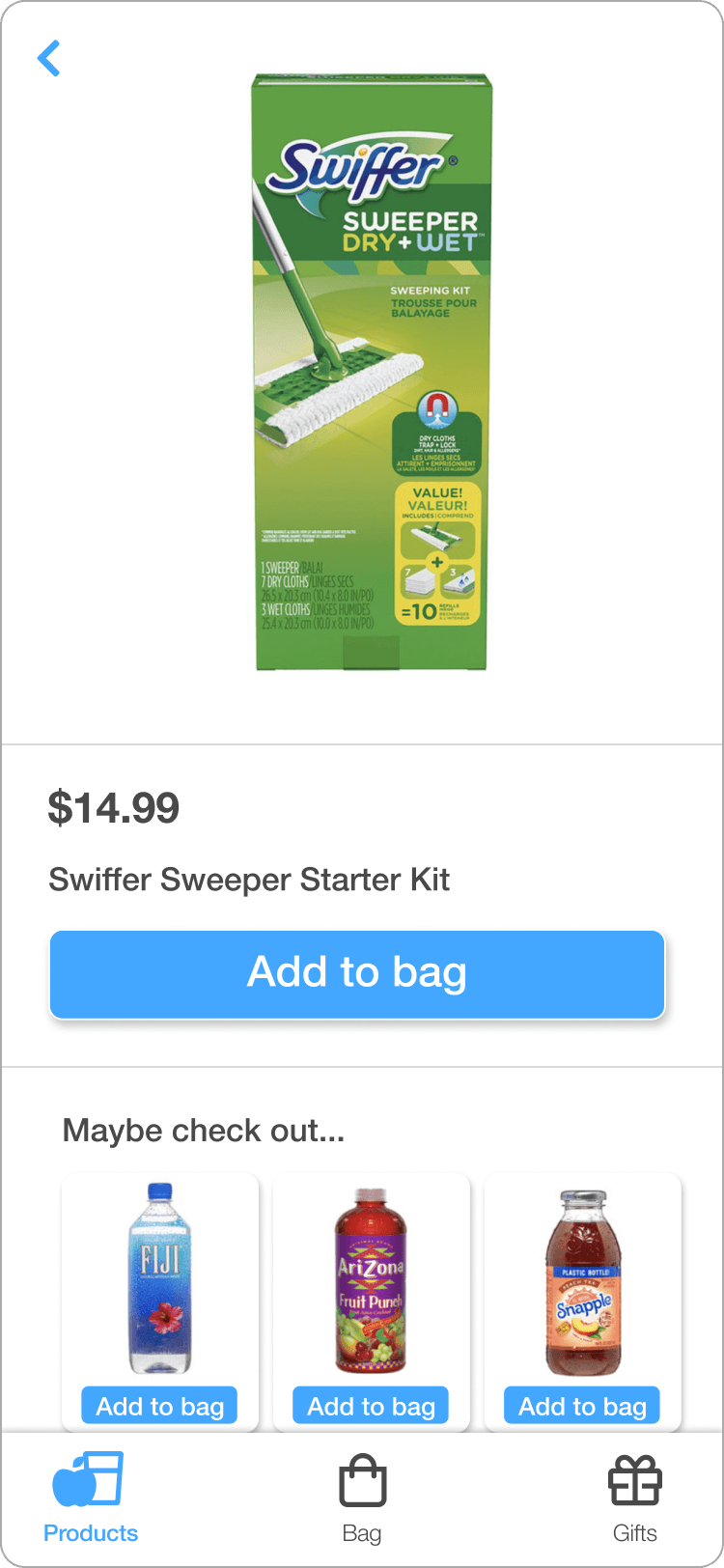 Wireframe of a product detail page with the Add to Bag button placed directly beneath the product and price, separated from unrelated suggested items