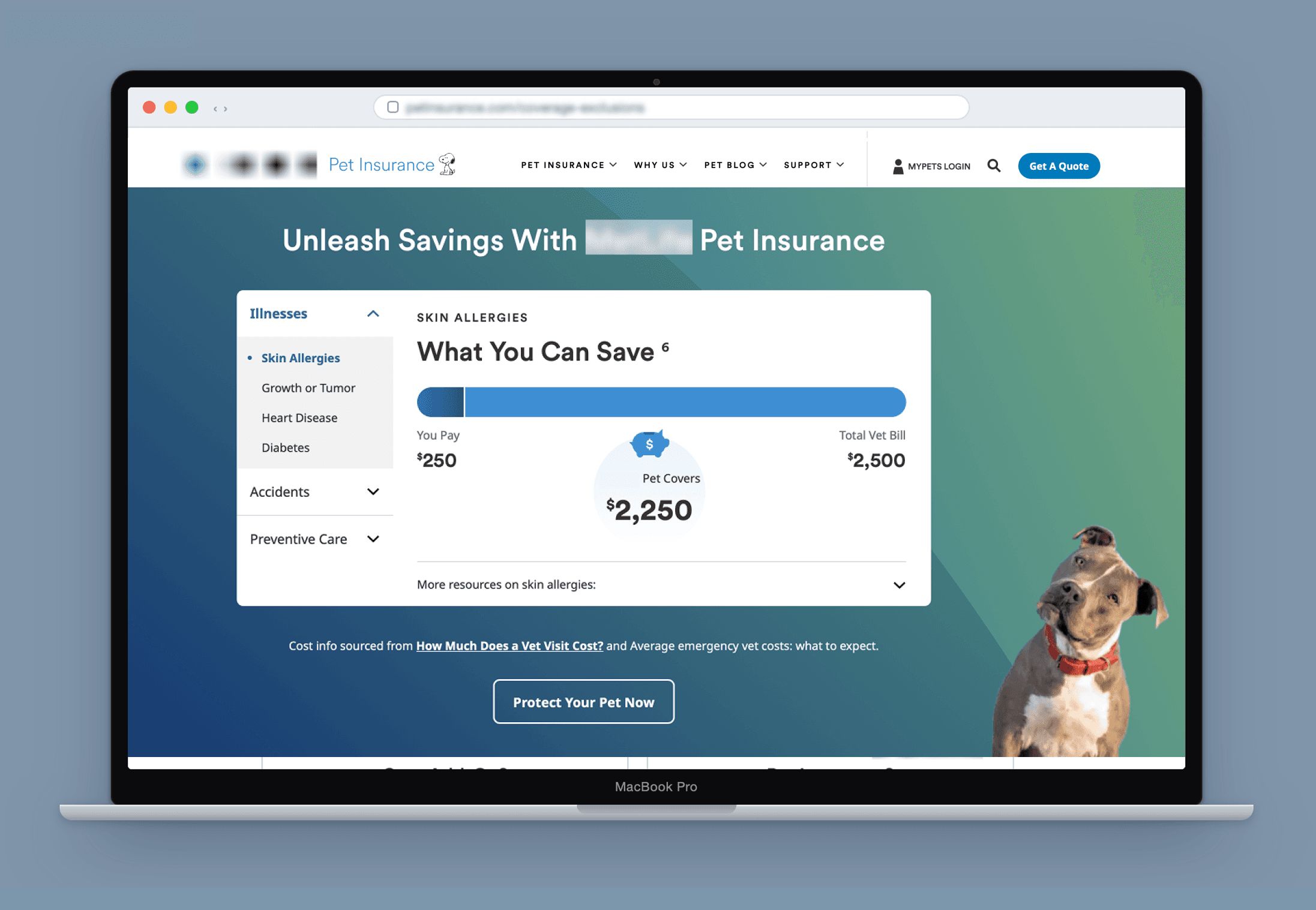 Pet insurance cost calculator showing a side-by-side cost comparison with and without coverage